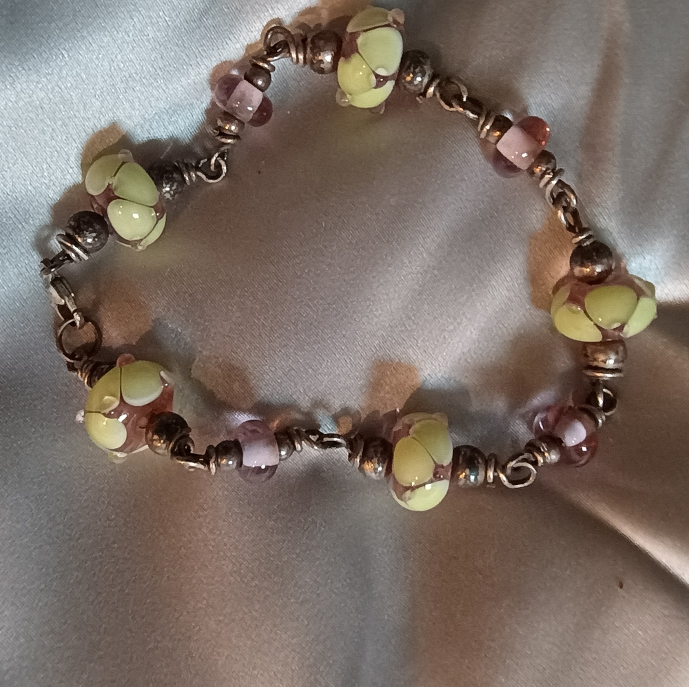 Unique Vtg Artisan Handmade Silver Venetian Murano Lampwork Bracelet & Earrings